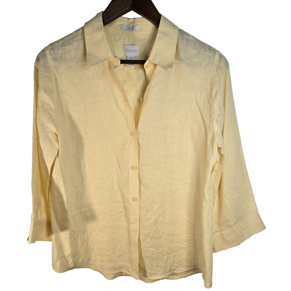Chicos No Iron Yellow Linen 3/4 Sleeve Shirt Beachy Artsy Boho Small